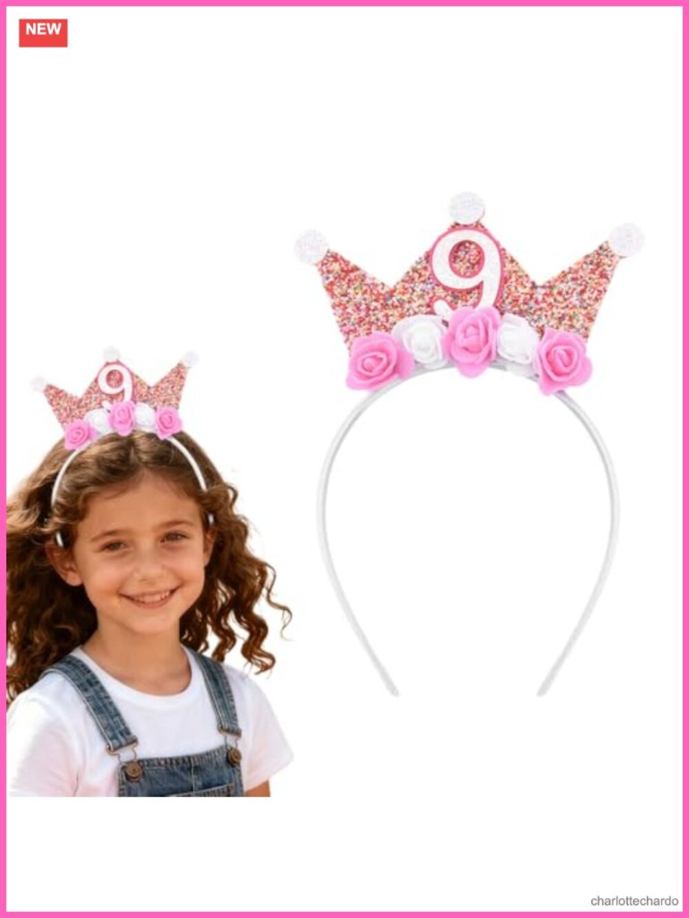 Birthday Crown Headband Flower Hair Accessory for Girls 9th Birthday Party